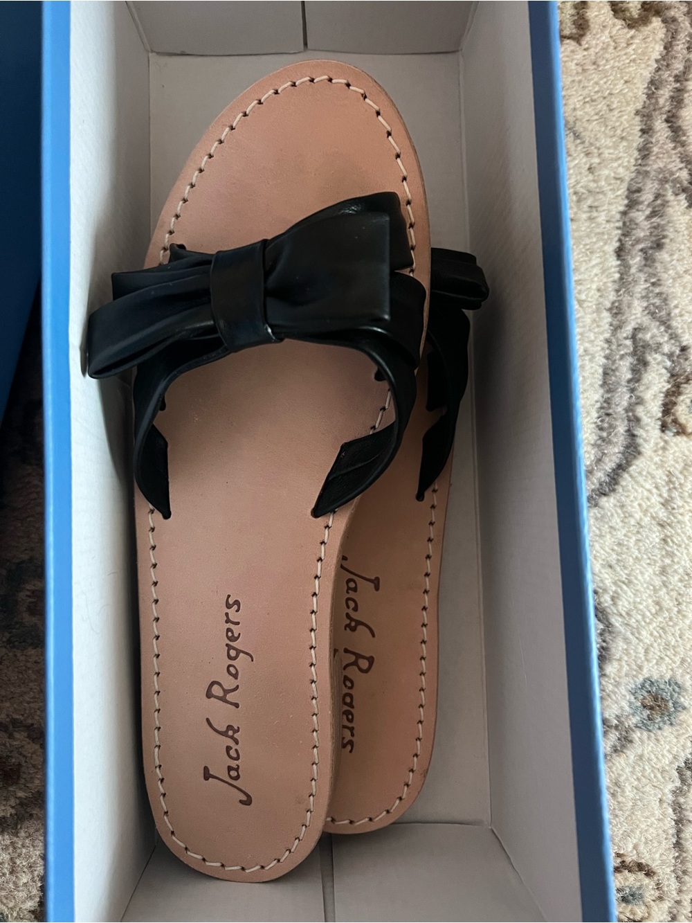 Jack Rogers Brightly Bow Sandals in Black and Natural Leather